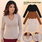 KIT 3  Blusas Feminina Manga Longa Gola V Segunda Pele Básica Para o Frio Inverno