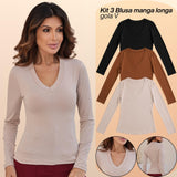 KIT 3  Blusas Feminina Manga Longa Gola V Segunda Pele Básica Para o Frio Inverno