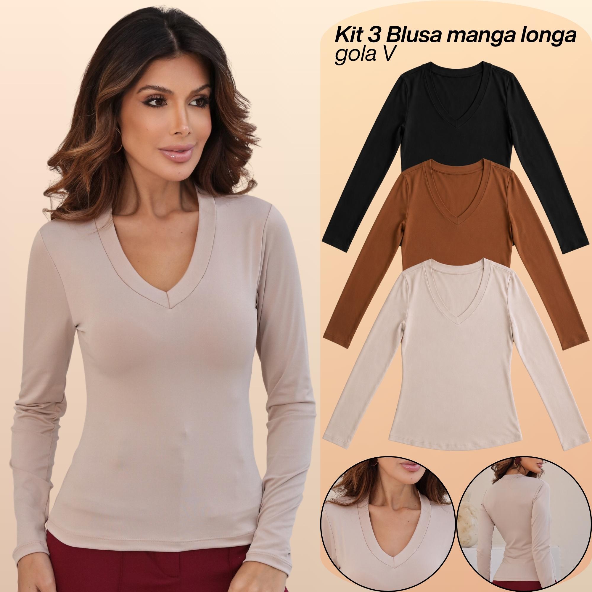 KIT 3  Blusas Feminina Manga Longa Gola V Segunda Pele Básica Para o Frio Inverno