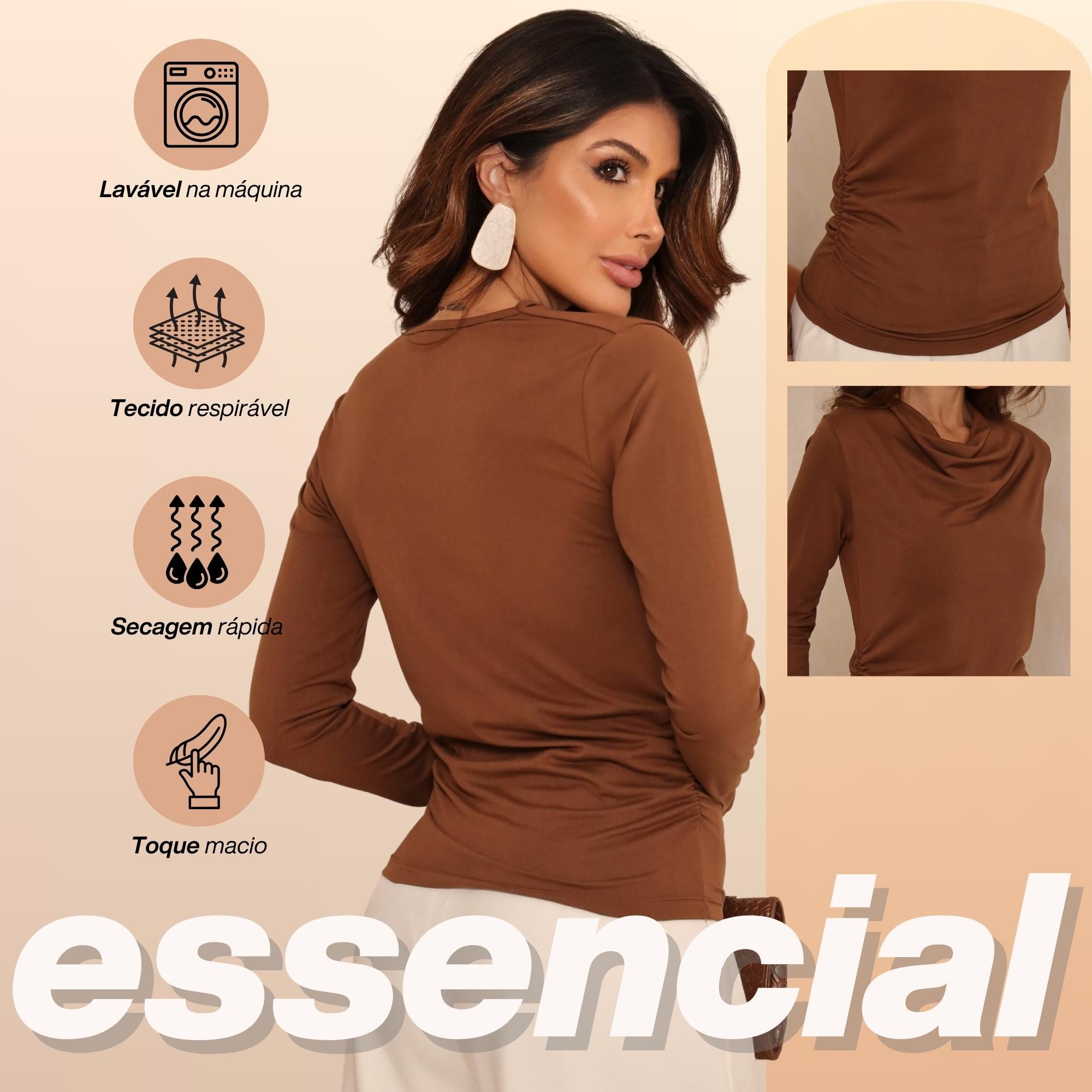 KIT 3  Blusas Manga Longa Feminina Cacharrel Gola Boba Drapeada Segunda Pele Para o Frio Inverno