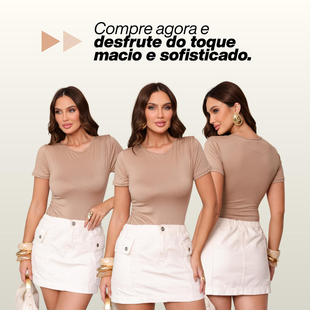 KIT 3 Body Feminino Manga Curta Drapeado Gola Redonda Moda Verão