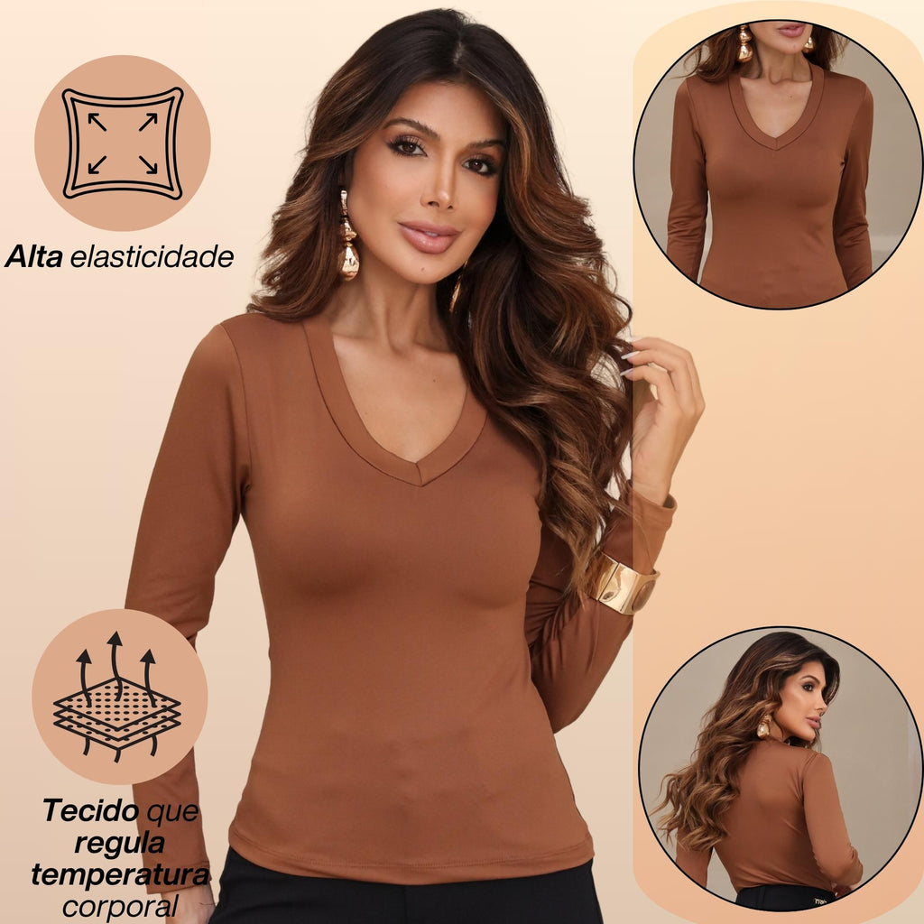 KIT 3  Blusas Feminina Manga Longa Gola V Segunda Pele Básica Para o Frio Inverno