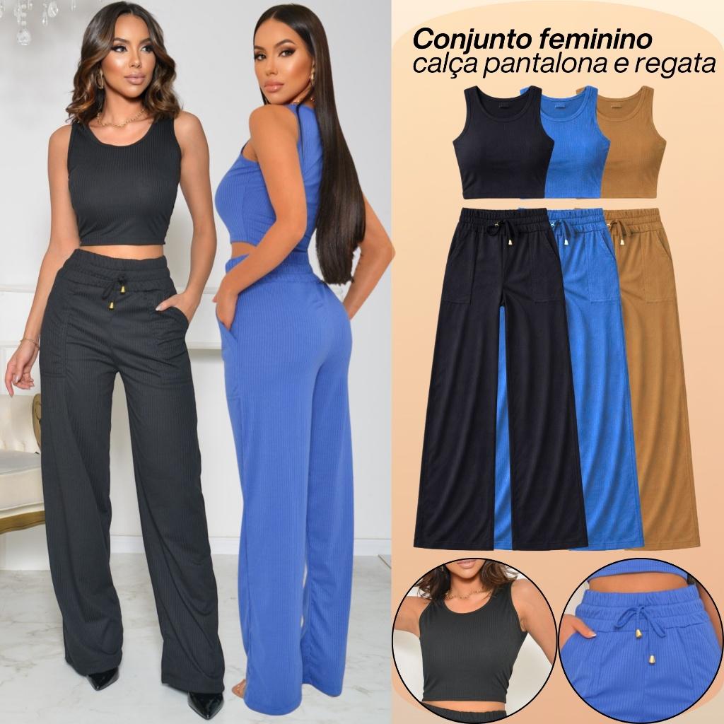 Conjunto Feminino Calça Pantalona e Blusa Regata Canelada Cintura Alta Moda Verão