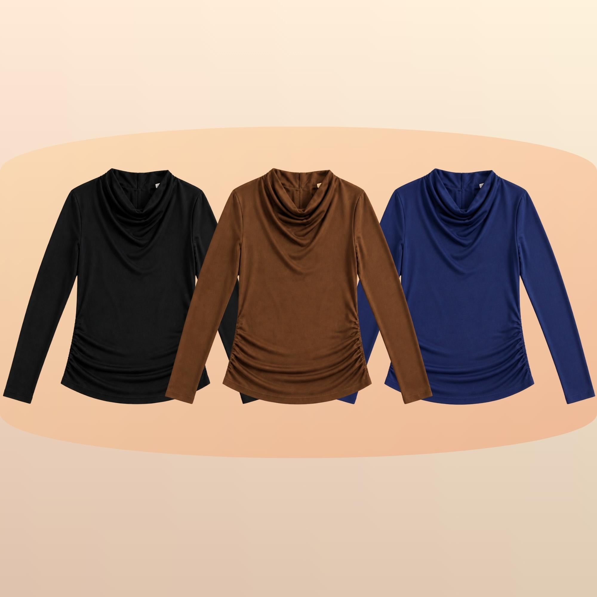 KIT 3  Blusas Manga Longa Feminina Cacharrel Gola Boba Drapeada Segunda Pele Para o Frio Inverno