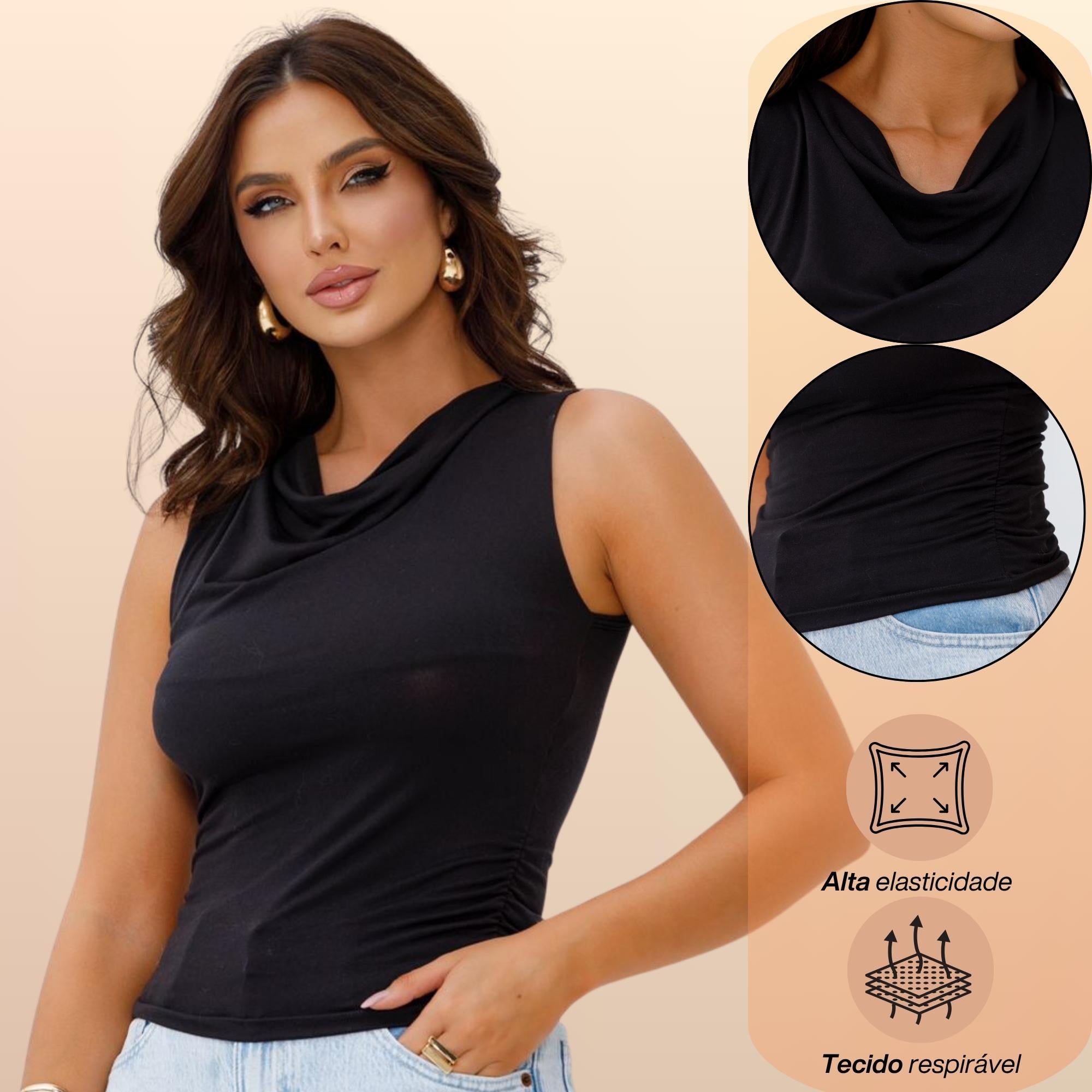 KIT 3 Blusas Regata Feminina Drapeada Gola Boba Malha Fresca Moda Verão