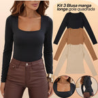KIT 3 Blusas Feminina Gola Quadrada Manga Longa Segunda Pele Suplex Básica Para o Frio Inverno