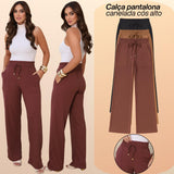 Calça Pantalona Feminina Cintura Alta Canelada Com Bolsos Estilizados Para o Verão