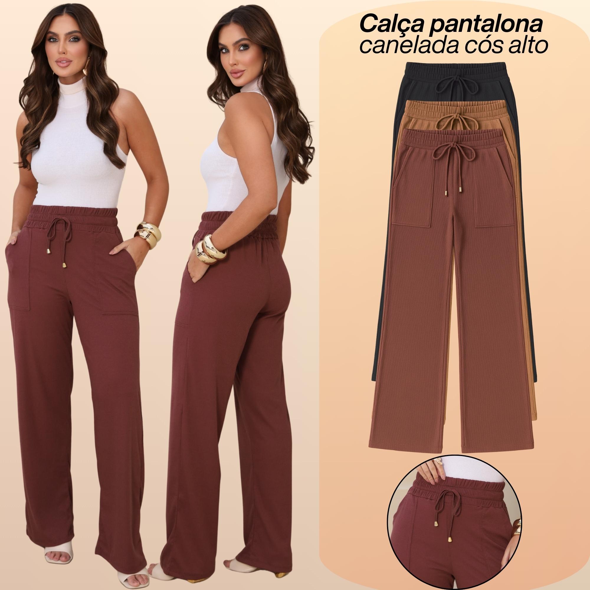 Calça Pantalona Feminina Cintura Alta Canelada Com Bolsos Estilizados Para o Verão