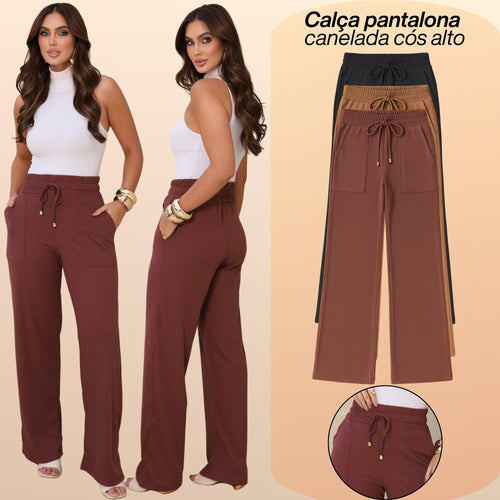 Calça Pantalona Feminina Cintura Alta Canelada Com Bolsos Estilizados Para o Verão